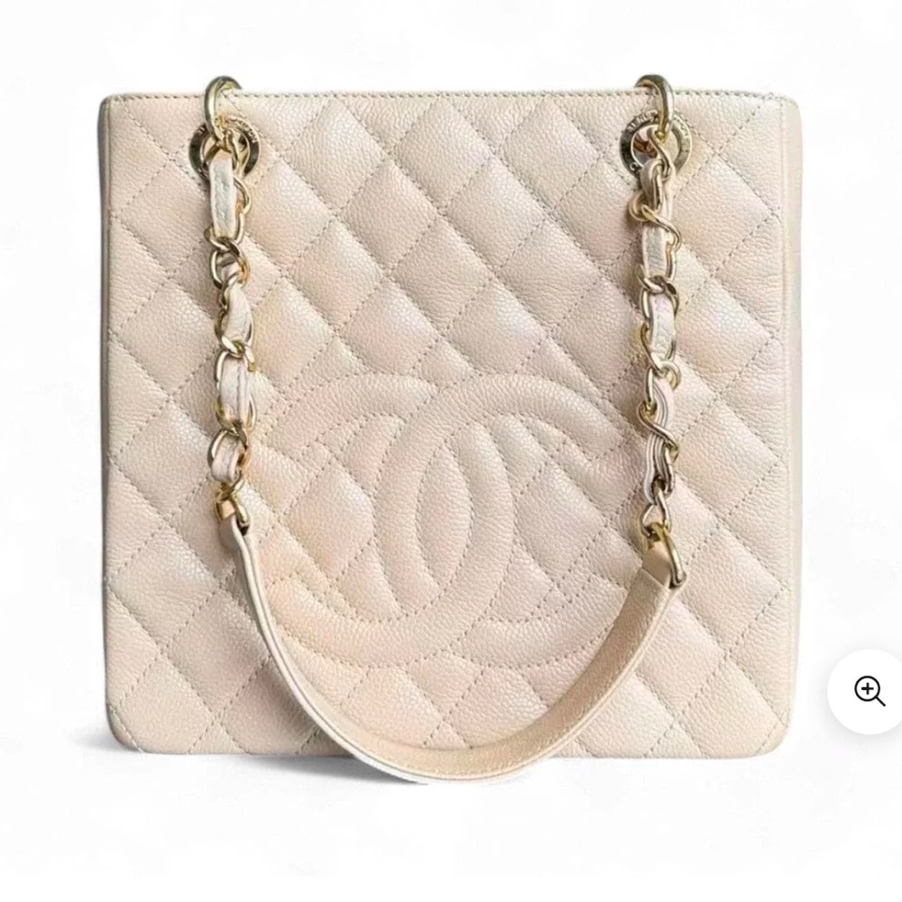 AUTHENTIC CHANEL PETITE SHOPPING TOTE - CAVIAR QUILTED BEIGE GOLD HARDWARE